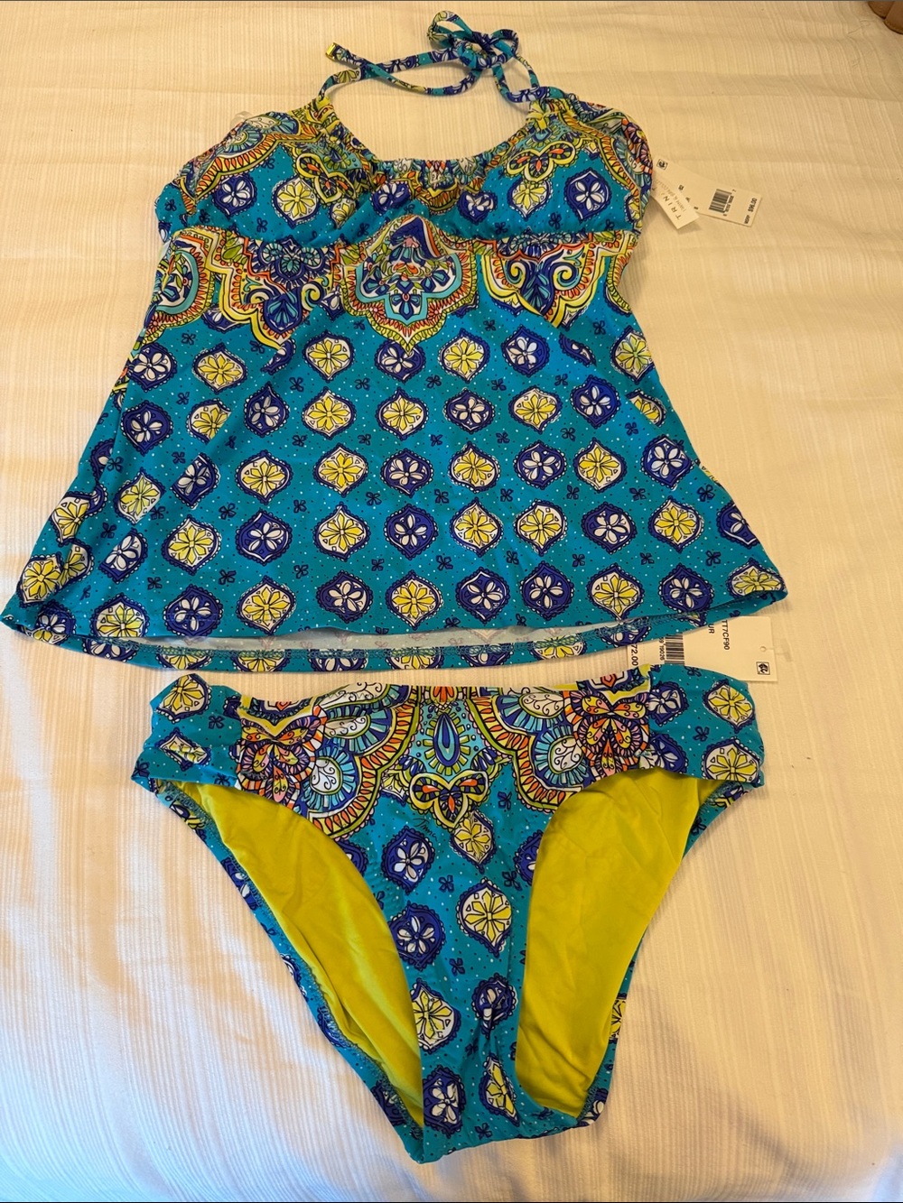 Trina Turk Turquoise & Yellow Patterned Tankini Set